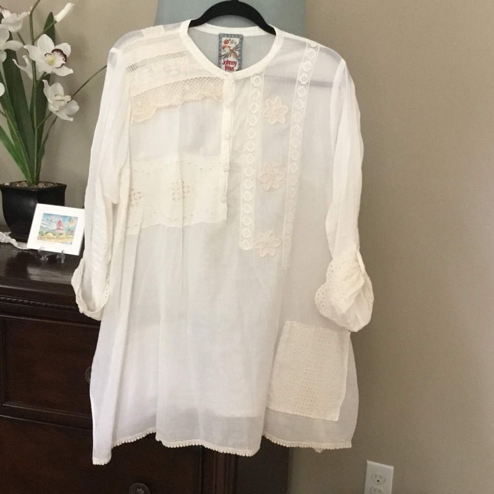 Johnny Was-EUC-Women’s Ivory Lace & Embroidered Cotton Tunic